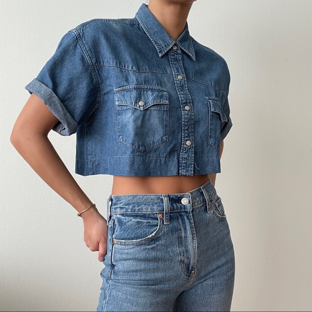 Half Snap Cropped Denim Top